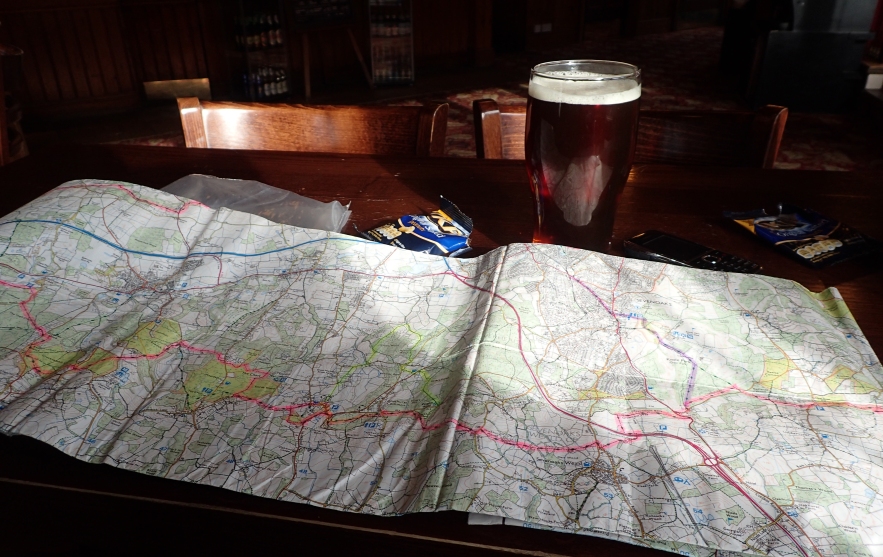 Route planning- map, pint of ale, bag of nuts