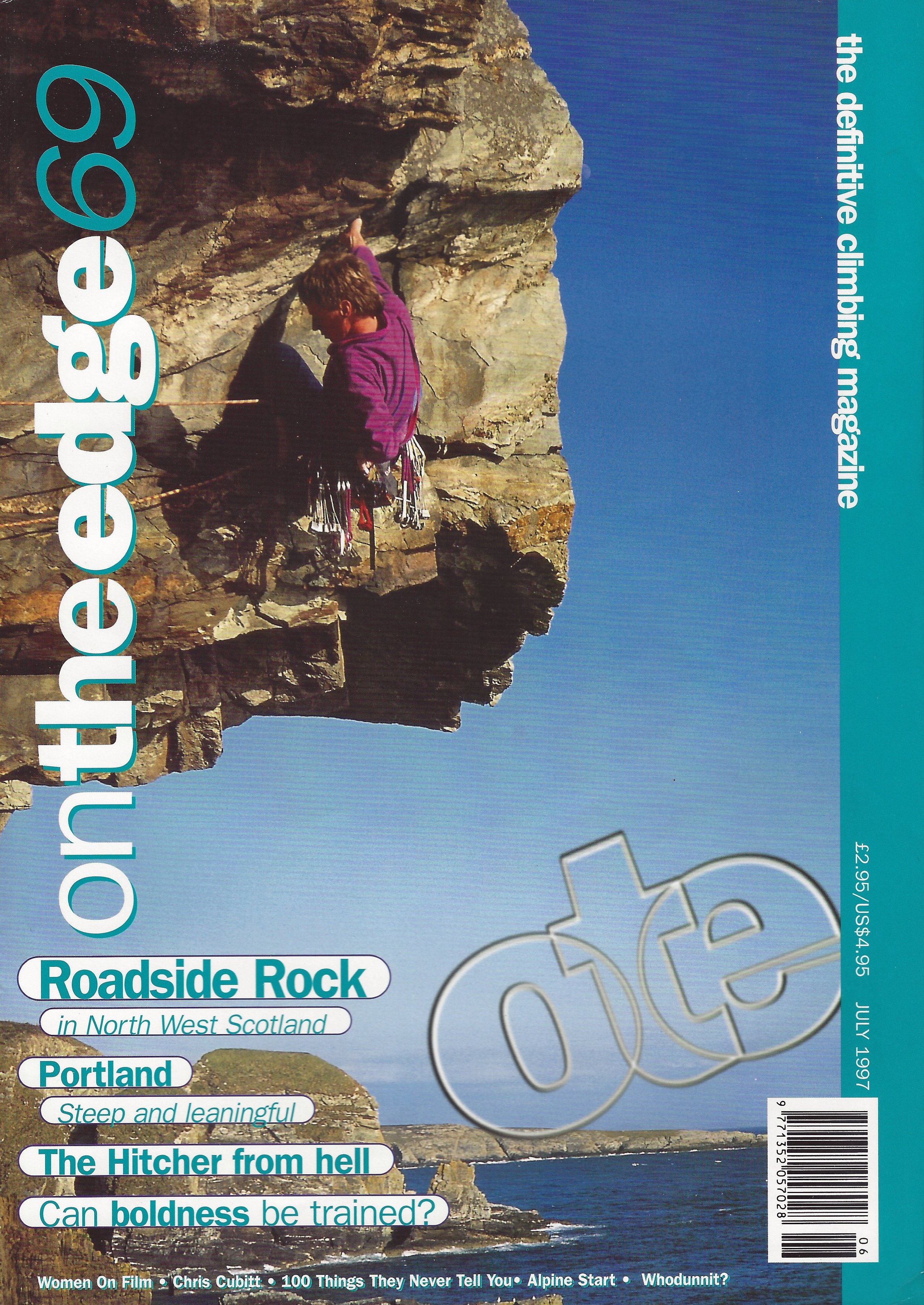 On the edge, July 1997. Cover- Dave Green on Free Stone Henge E7 6c Castell Helen, Gogarth