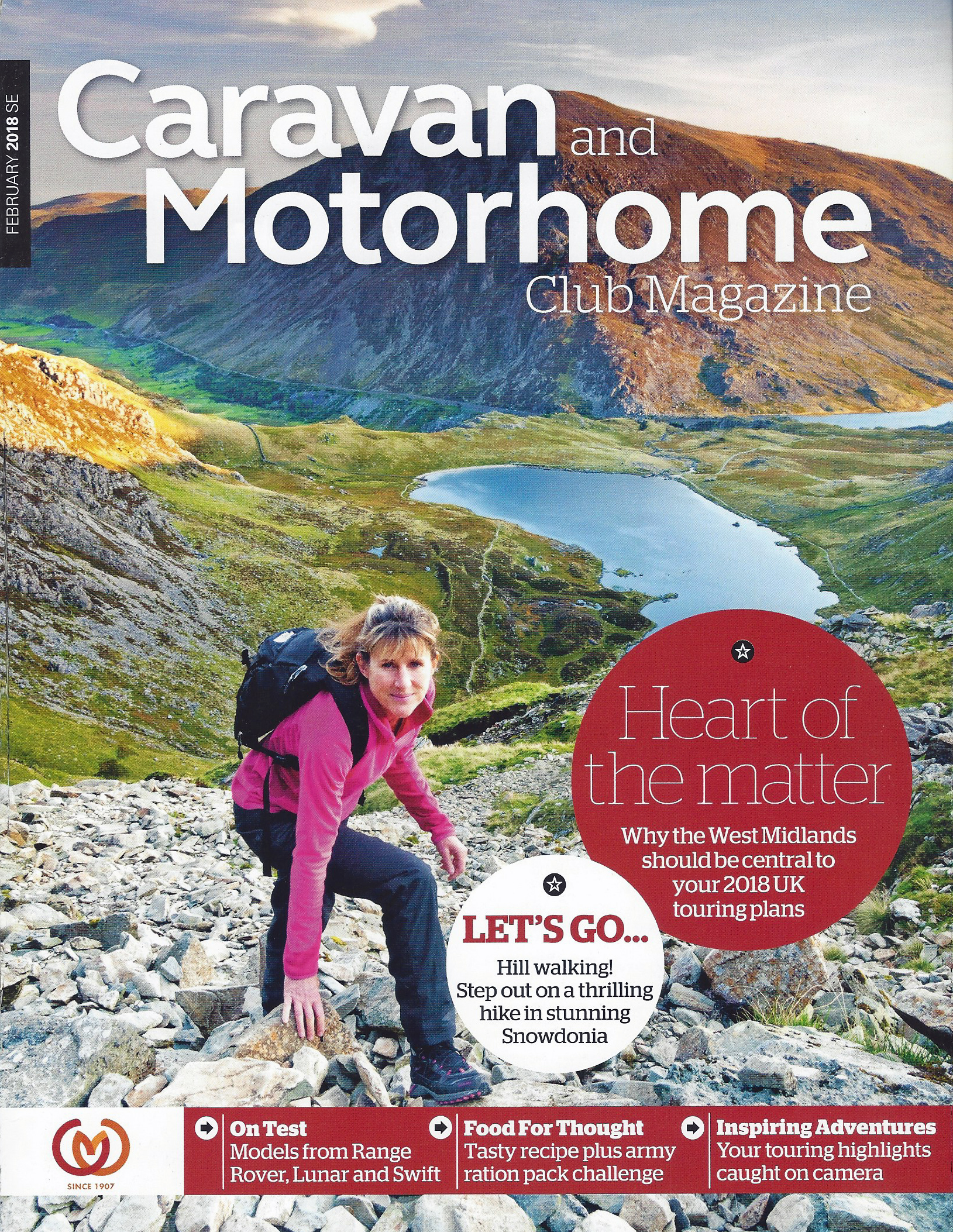 Caravan and Motorhome Club Magazine, February 2018.Cover- hill-walking in Snowdonia