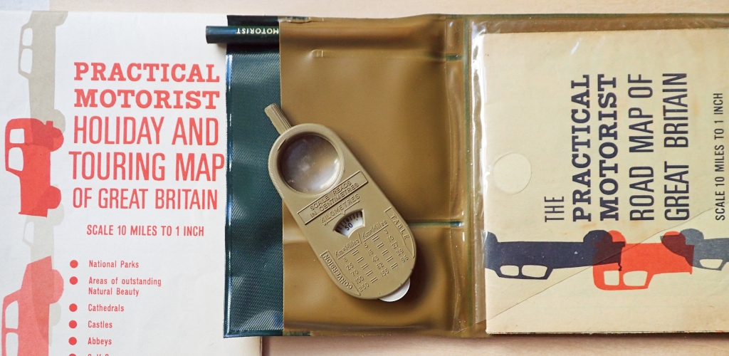 Practical Motorist map case, road and tourist maps, pencil and map measurer, 1964