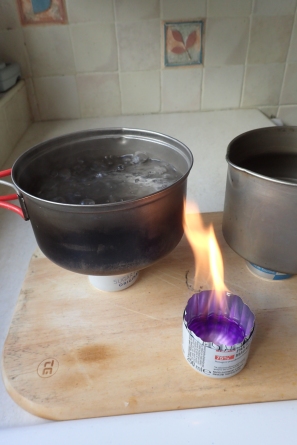Cheap and cheerful pop-can stove works. Not a refined tool at all, but it works