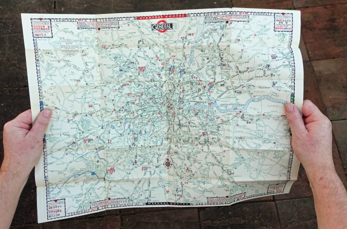 Map of the General Omnibus Routes, issued free by the London General Omnibus Co. Ltd. Drawn by Alfred E. Taylor, the map is an ideal size for use in the hand. Printed by Waterlow & Sons, 1928