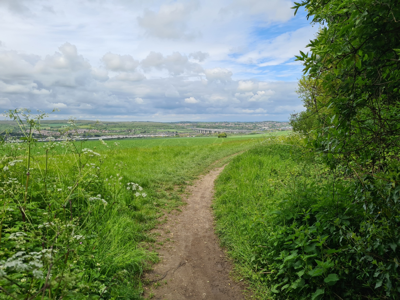 Emerging onto the North Downs Way presents a view over the Medway Towns and the modern concrete road and rail crossing over the river